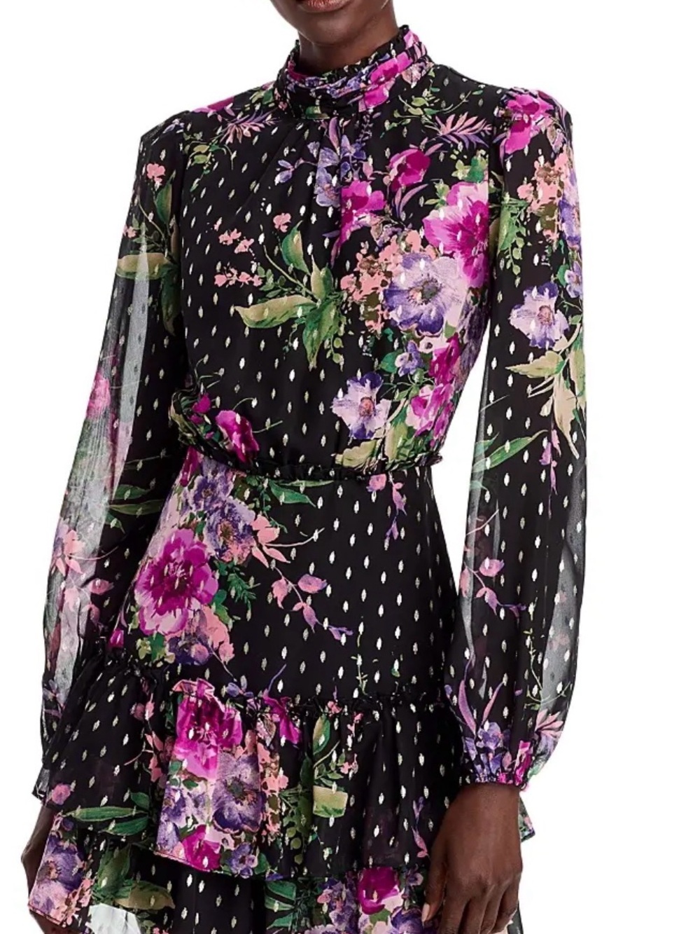 Black Floral Ruffle Long-Sleeve Dress